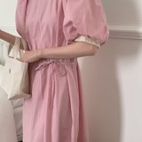 韩版气质纯色圆领宽松系带显瘦开叉拼色泡泡袖连衣裙(粉红色 均码)