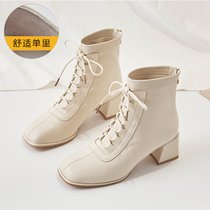 SUNTEK粗跟靴子女鞋2021秋冬季新款法式短靴女加绒保暖百搭马丁单靴白色(37 米白色单里)