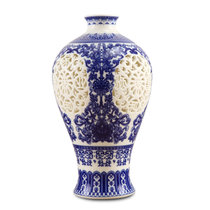 景德镇陶瓷器粉彩镂空薄胎花瓶现代古典家居装饰客厅摆件(14青花玲珑梅瓶)