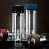 富光双层玻璃杯水杯男女创意透明盖便携过滤花茶杯水晶杯子WFB1013-320(黑色)