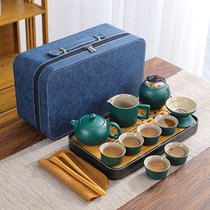 便携式茶具用品套装家用日式高档提梁茶壶茶杯茶盘轻奢旅行收纳包(绿色-西施壶-皮包-蓝纹理)