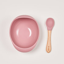 硅胶碗+木勺 儿童辅食碗硅胶吸盘碗汤碗防滑抗摔餐具  婴卫爱妮(复古红)