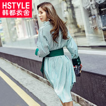 韩都衣舍2017韩版女装秋装新款条纹拼接绑带中长款衬衫GW8814(绿色 XL)