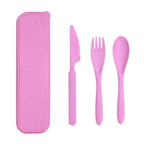 随行塑料小麦秸秆刀叉勺环保餐具套装便携餐具 耐热学生餐具(粉色 3件套)