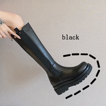 SUNTEK长筒靴女粗腿骑士靴大筒围高筒高跟厚底小个子适合腿粗的大码女鞋(35 黑色)