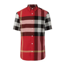 Burberry短袖格纹弹力棉衬衫 8007179XL码红 时尚百搭