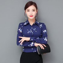 2021衬衫女秋季长袖印花衬衣韩版修身雪纺女显瘦打底衫女上衣(蓝色印花 XL)