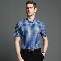 雅戈尔修身版时尚休闲格子短袖衬衫男士商务纯棉透气半袖SDP12535(深蓝色 43)