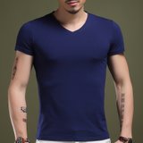 夏季男士短袖T恤V领纯白色打底衫黑色修身半袖体恤男装衣服潮(深蓝色 M)