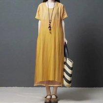 夏装新款棉麻连衣裙女宽松时尚大码拼接显瘦短袖韩版亚麻中长裙子(黄色 M)