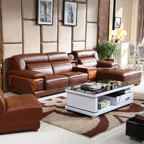 品尚美家 皮沙发现代简约客厅皮沙发组合实木框架皮艺沙发(红棕色 沙发全套+茶几)