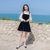 2018秋装新款韩版女装修身吊带长袖丝绒两件套连衣裙套装裙裙子(黑色)(M)