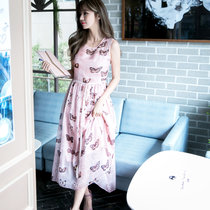 Mistletoe2017新款夏季长裙蝴蝶时尚真丝连衣裙F6655(粉红色 M)