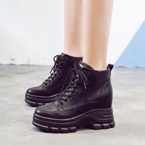SUNTEK短靴子女2021年新款春秋女鞋百搭加绒8cm内增高厚底英伦风马丁靴(34 黑色（单里）)