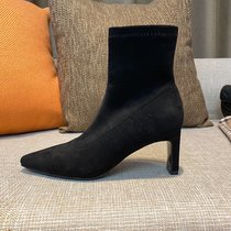 SUNTEK靴子女2021秋冬季新款高跟女鞋尖头短靴女粗跟弹力瘦瘦靴中跟中筒(37 黑色绒面（绒里） 跟高6.5cm)