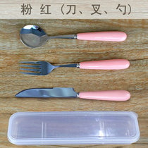 便携式陶瓷不锈钢三件套西餐具汤勺子筷子刀叉子套装创意可爱学生(刀-叉-勺-三件套(粉红))