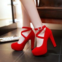 2016春季新款粗跟单鞋超高跟女鞋红色新娘鞋磨砂皮性感中式结婚鞋(37)(红色)