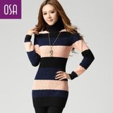OSA2012秋冬装新品时尚撞色条纹保暖高领中长款打底毛衣女E22359 彩条色 M