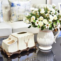 陶瓷花瓶摆件客厅插花北欧创意简约白色餐桌干花装饰美式欧式复古(茶几两件套（花艺+麋鹿多功能纸巾盒）)