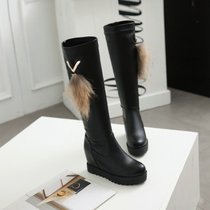 2017时尚真狐狸毛套筒内坡跟高跟厚底圆头绒里女士高筒靴马靴(39)(黑色)