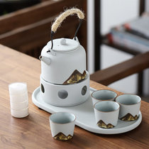 远山茶具 酒精炉蜡烛套装 家用办公复古功夫茶具陶瓷整套带茶盘(白陶釉画彩)