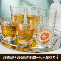 日式锤纹金边玻璃杯家用喝水杯女ins风简约果汁杯咖啡杯奶茶杯子(锤纹杯3高+3矮+樱花勺 默认版本)