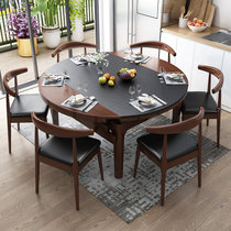恒兴达 火烧石餐桌椅组合现代简约可伸缩折叠北欧小户型饭桌实木圆桌(胡桃色 1.2m一桌六椅)
