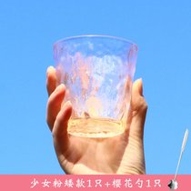 时尚冰川杯家用玻璃杯树纹女INS风高颜值礼品水杯咖啡杯啤酒杯子(【轻奢新款】渐变少女粉 矮款-1只+樱花勺)