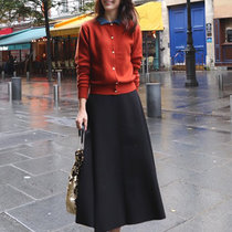 2018秋冬新款套装针织衫上衣中长半身裙大摆裙两件套女(红色上衣+黑色半裙 XL)