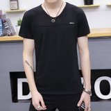 左岸男装夏季新款V领短袖T恤韩版修身青少年纯色纯棉半袖T恤衫潮(黑色 M)
