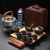 紫砂户外旅行功夫茶具套装便携煮茶炉六杯野外带烧水茶壶喝茶泡茶(15件 紫砂盖碗茶具-硬皮包)