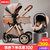 可坐可躺婴儿推车一键折叠方便携带轻便高景观减震双向新生儿童宝宝推车(卡其色 尊贵款+提篮)