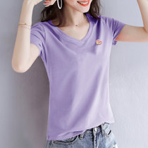 莫代尔短袖t恤女士2021年新款夏季短款女装v领上衣纯棉薄款t桖衫(浅紫色 4XL)