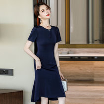 MISS LISA韩版时尚气质圆领高腰中长款连衣裙大码裙子KL908-1(深蓝色 XL)