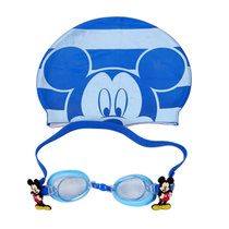 迪士尼儿童泳镜泳帽套装米奇公主卡通形象游泳套装74007(蓝色 儿童)