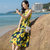 棉麻连衣裙女2017夏季波西米亚中长款修身显瘦印花无袖海边沙滩裙(黄色 L)