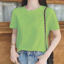 夏季短袖T恤女宽松精梳棉圆领半袖简约休闲宽松百搭体恤女上衣(绿色圆领（无图案） XL 115-125斤)