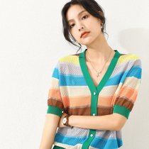 彩虹条纹T恤女夏V领开衫泡泡袖针织衫(绿色 165/88A)