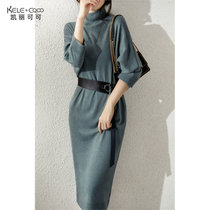 KELECOCO法式精致女人系腰带羊毛连衣裙(赠腰带)D860(豆绿色 L)