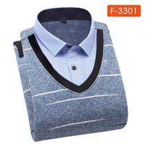 男士冬款加绒加厚假两件衬衫男长袖针织衫套头假两件加绒保暖衬衫(F3301 XL)