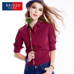 BRIOSO新款 女式纯棉棋盘格子长袖衬衫 女衬