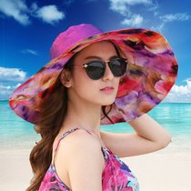 SUNTEK帽子女潮夏天大沿沙滩帽防晒防紫外线可折叠大檐帽海边太阳遮阳帽(M（56-58cm） 荧光 紫红色)
