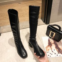SUNTEK2021年冬季新款方头长筒靴瘦瘦马丁靴加绒骑士靴中跟女靴子女鞋子(38 黑色 绒内里)