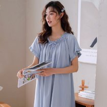 新款纯棉睡裙中裙睡衣裙时尚纯色圆领(浅蓝 XL)