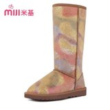 【米基】2013冬季新品真皮长绒毛雪地靴 圆头平跟高筒靴子女XD-50(印花 35)