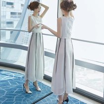 白色无袖长裙套装两件套2021女复御姐风中长款条纹雪纺裙视感时尚(白色 L)