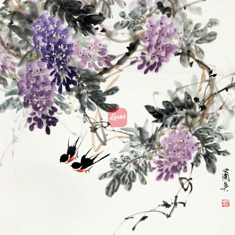 国美自营 吴兰英 紫藤> 国画 花鸟画 水墨写意 燕子 紫藤 斗方