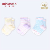 小米米minimoto儿童棉袜婴儿袜子男女童短袜防滑地板袜3‘s(浅黄+浅紫+浅绿 0-6个月)