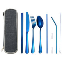 不锈钢吸管便携餐具刀叉勺旅行套装  吸管带硅胶套吸管刷套装学生餐具套装(蓝色 8件套)