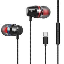 金属重低音红蓝圈入耳式有线HIFI耳机适用苹果安卓type-c扁口线控有线耳机(黑色type-c送硅胶)